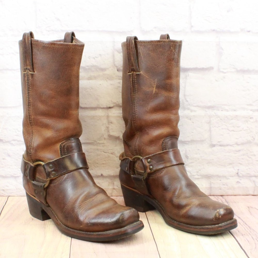 Vintage Frye Brown Leather Mid Calf Harness Western Boots Size 8.5 Medium - Picture 3 of 11